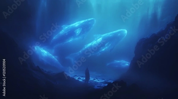 Fototapeta A Solitary Figure Gazes at Luminous Whales in a Mystical Underwater Cave