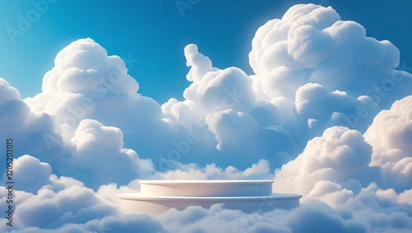 Fototapeta a white circular podium with sky and clouds in the background
