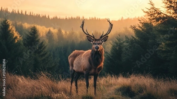 Fototapeta Majestic deer standing in a meadow at sunset, surrounded by trees.