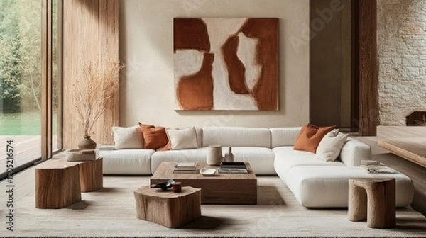 Fototapeta A modern yet inviting living room with a sleek sectional, layered textiles, and warm wood accents. Abstract art on the walls adds a creative touch