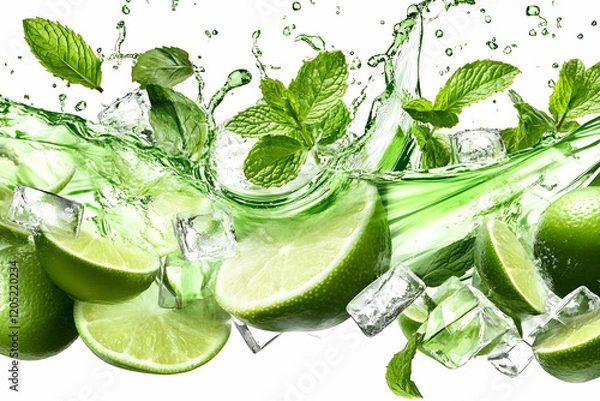 Fototapeta Fresh Limes and Mint Leaves Splash with Ice Cubes Dynamically on a White Background