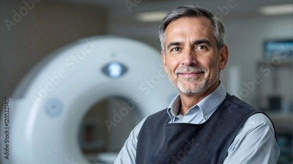 Fototapeta Radiologist in Protective Gear Examining Diagnostic Equipment (Healthcare)