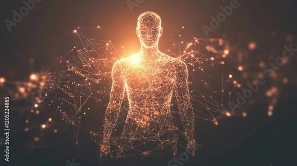 Fototapeta A glowing human shape surrounded by floating geometric shapes made of light symbolizing the structure of life energy.
