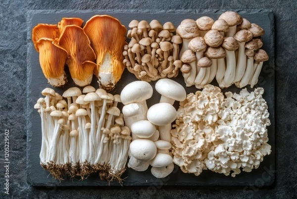Obraz Exotic Mushrooms Display - A variety of unique mushrooms like shiitake, oyster, and enoki artistically presented on a slate board.