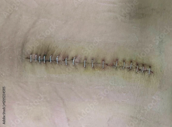 Obraz Surgery wound from Herniated nucleus pulposus operation of old asian woman and close wound by skin Stapler