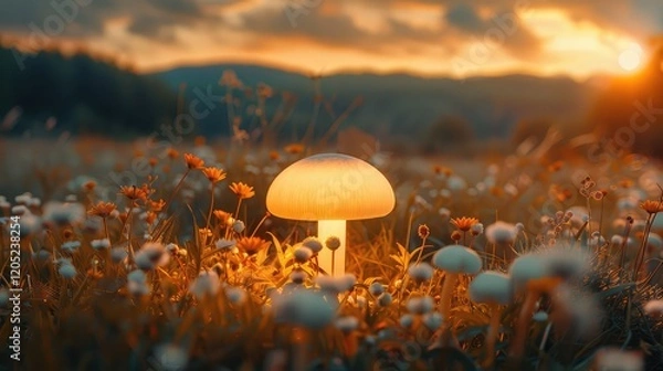 Obraz a mushroom-shaped lamp on a beautiful outdoor adventure background