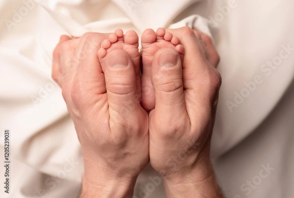 Obraz Baby feet of a newborn in dad's hands. On a white background.	