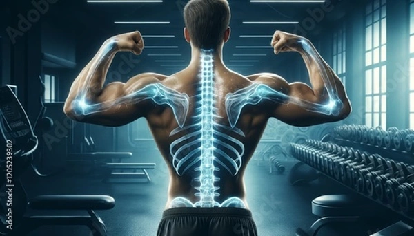 Fototapeta Human Anatomy with Visible Skeleton in Gym Setting
