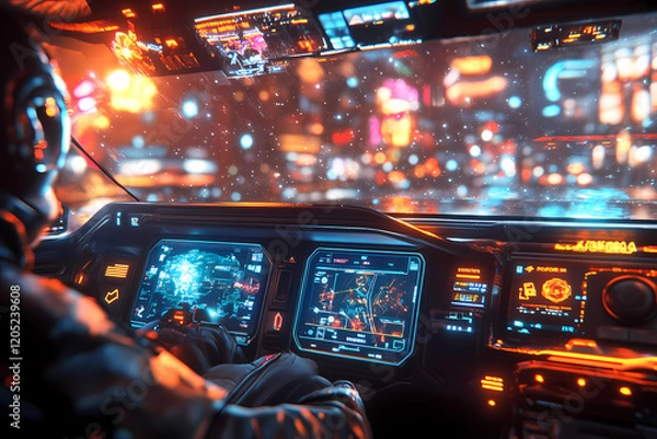 Fototapeta pilot navigating a radiant holographic aircraft through a virtual galaxy
