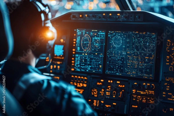 Fototapeta pilot navigating a radiant holographic aircraft through a virtual galaxy