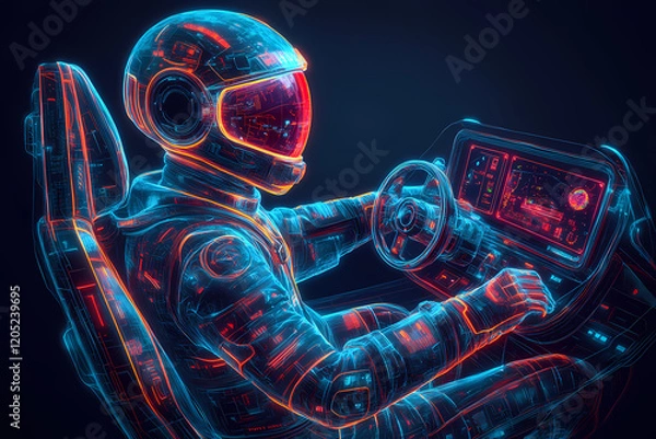 Fototapeta pilot navigating a radiant holographic aircraft through a virtual galaxy