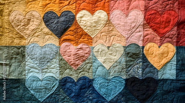 Fototapeta Colorful Handmade Quilted Art for Valentine's Day with Heart Motifs and Warm Tones