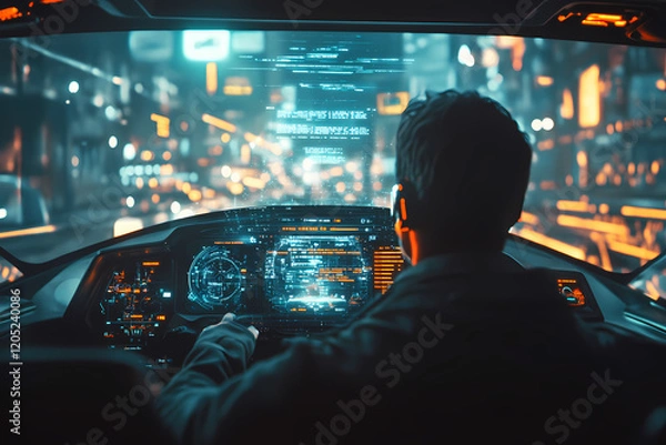Fototapeta pilot navigating a radiant holographic aircraft through a virtual galaxy