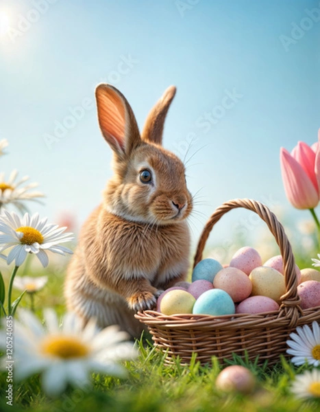 Obraz Osterhase mit Korb voller bunter Eier – Perfektes Postkartenmotiv für Ostern, Easter Bunny with a Basket Full of Colorful Eggs – Perfect Easter Postcard Design