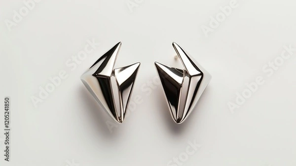 Fototapeta A pair of sleek, modern earrings with a geometric design, showcased on a white backdrop.