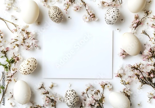 Fototapeta Creative easter flat lay with white paper blank