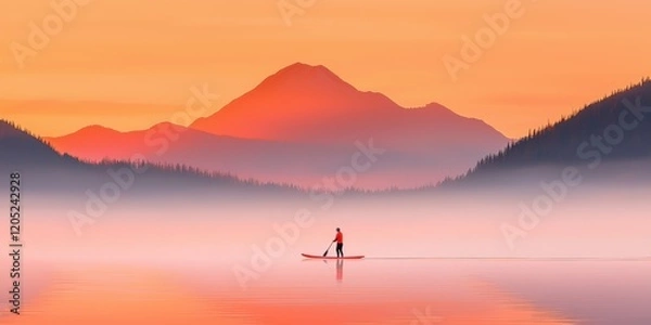 Fototapeta Paddleboarder gliding through calm waters at sunrise dramatic low-angle action shot serene nature environment