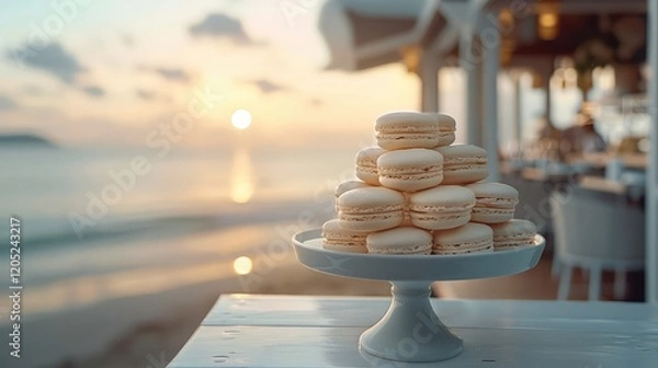 Obraz A pastry chef artfully arranges delicate macarons on a elegant cake stand, with a stunning beachside view and a stylish kitchen in the background