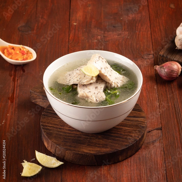 Fototapeta A bowl of fish soup with chili sauce on a wooden background