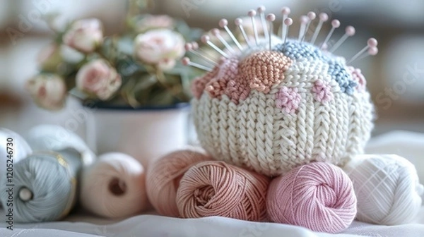 Obraz A pincushion adorned with intricate patterns of pins and a collection of knitting yarns in soothing shades rest harmoniously on a pristine white table