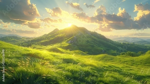Obraz A picturesque scene unfolds as a small mountain covered in verdant grass shimmers under the golden rays of the sun, painting the landscape with a palette of natural beauty.