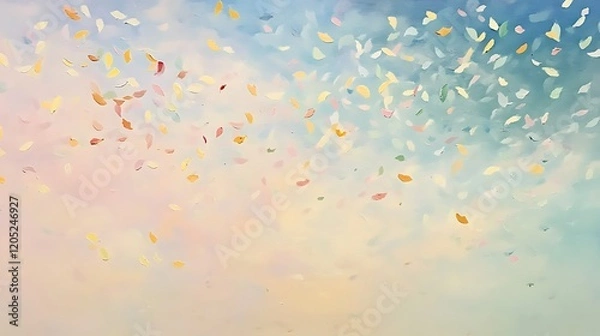 Fototapeta Floating confetti in soft pastel tones gently drifting under a peaceful sky