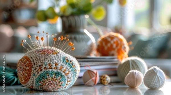 Obraz A pincushion adorned with intricate patterns of pins and a collection of knitting yarns in soothing shades rest harmoniously on a pristine white table
