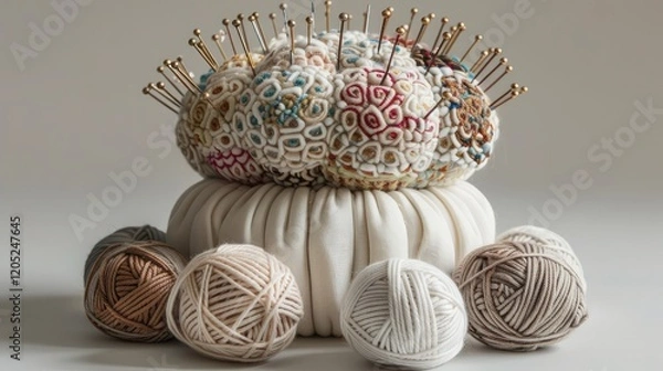 Obraz A pincushion adorned with intricate patterns of pins and a collection of knitting yarns in soothing shades rest harmoniously on a pristine white table