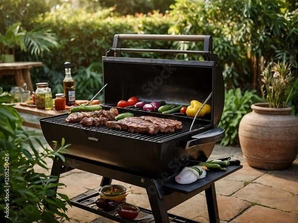 Fototapeta metal grill in the yard of the house on a spring day with meat steaks frying process