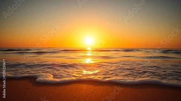 Fototapeta The golden light of the setting sun paints the sky with hues of orange and pink as it dips below the horizon, casting a mesmerizing reflection on the calm ocean waves that gently caress the sandy beac