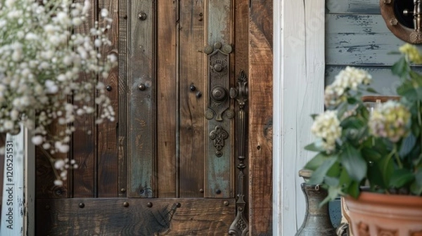 Obraz A rustic bronze door handle adds a touch of vintage charm to a wooden door, enhancing the rustic elegance and natural beauty of the room's decor.