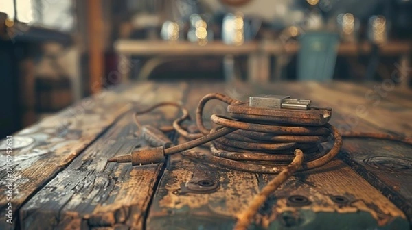 Obraz A rustic extension cord in bronze adds a touch of vintage charm to a wooden table, its weathered appearance and sturdy build enhancing the rustic appeal and warmth of the room's decor.