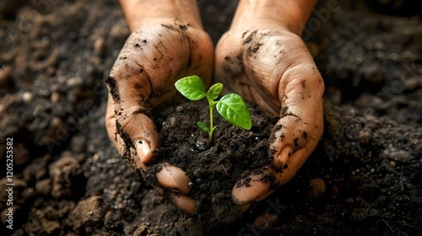Obraz Two hands of the men were holding seedling to be planted