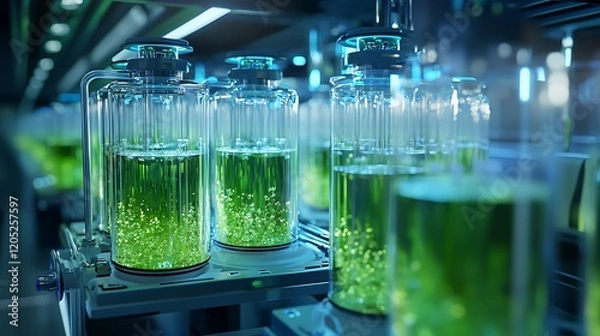 Fototapeta A row of glass cylinders containing a green liquid in a laboratory setting