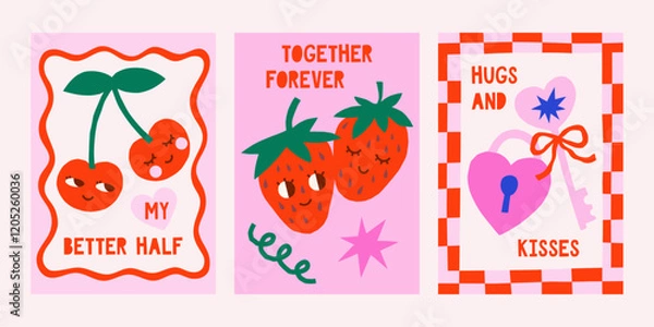 Fototapeta Cute cutout style Valentine's Day vector cards. Hand drawn simple groovy illustrations set with cherry and strawberries characters, lock and key