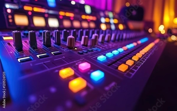 Fototapeta Immerse yourself in the vibrant hues of a mixing console, where music comes alive under the spell of colorful lights. A symphony of sound awaits!