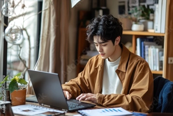 Obraz A young professional creating a presentation on the psychological impact of trolling, with charts and infographics on their laptop