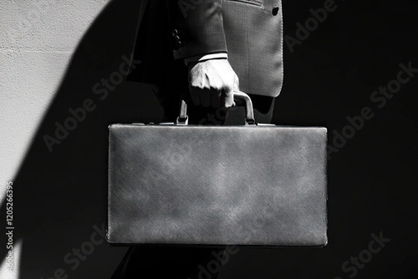 Obraz Hand holding a briefcase represented abstractly with shadows and geometric shapes, symbolizing business and professionalism.