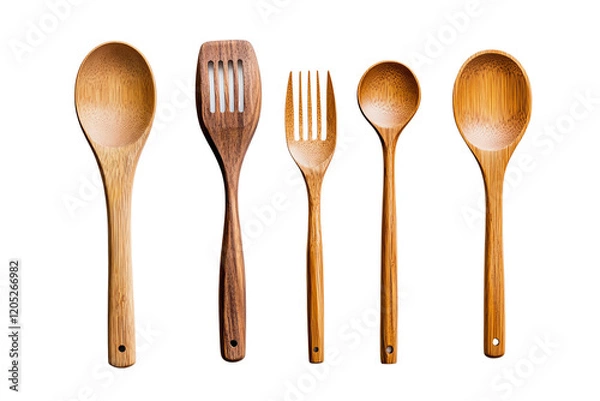 Fototapeta A beautifully arranged collection of wooden kitchen utensils including a spatula, fork, and assorted spoons. Perfect for culinary projects and recipes.
