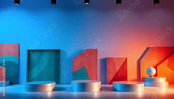 Fototapeta Modern Product Display Podium with Abstract Geometric Decor and Warm and Cool Color Gradient Lighting for Promotion and Exhibition