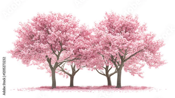 Fototapeta A serene scene featuring blooming cherry blossom trees, showcasing delicate pink flowers against a tranquil backdrop, perfect for nature enthusiasts.