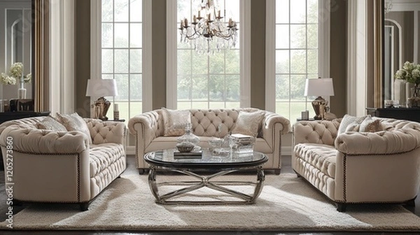 Fototapeta Elegant beige tufted sofa set in a luxurious living room.