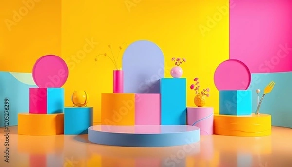 Obraz Vibrant Colorful Geometric Podium Display for Product Promotion and Marketing. Modern 3D Rendered Abstract Background with Pastel and Bright Colors, Ideal for Advertising and Showcase