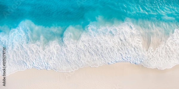 Obraz Sea background top view. Waves. Golden sandy shore. Ocean coastline. Blue lagoon. Deserted beach. Clear water surface.