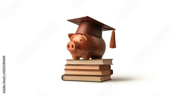 Fototapeta A piggy bank wearing a graduation cap atop books, symbolizing financial education and success.