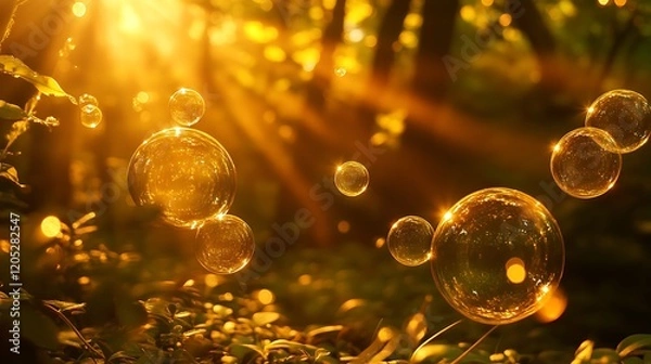 Fototapeta A tranquil forest scene with glowing bubbles floating in the golden sunlight