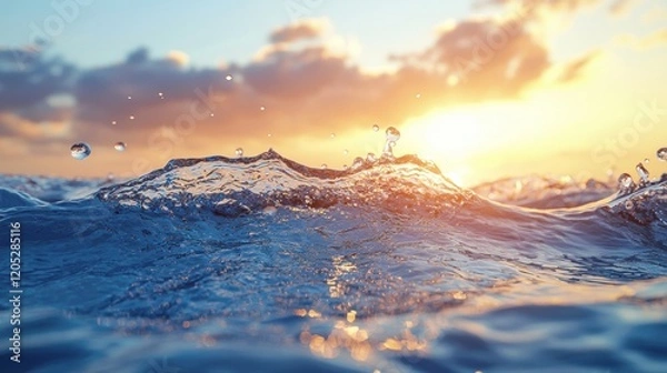 Fototapeta A serene ocean wave glistens under a vibrant sunset sky.