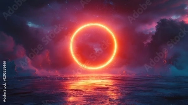 Fototapeta One glowing neon ring floating on a dark space-like canvas 