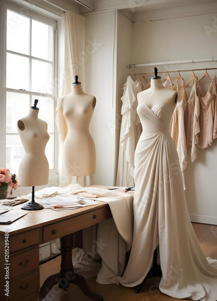 Fototapeta  Seamstress's Workshop with Women's Mannequins and Various Fabrics
