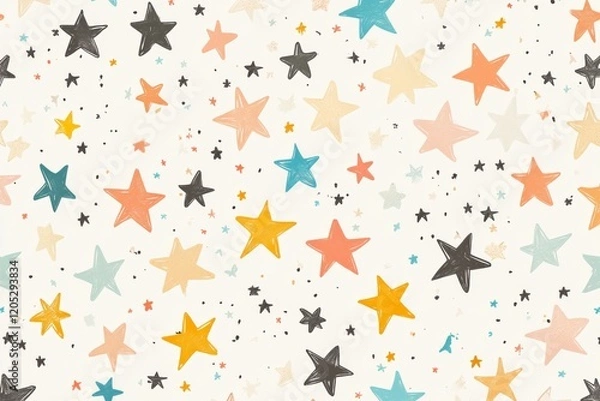 Fototapeta Seamless hand drawn star pattern in soft colors on white background for cheerful decor